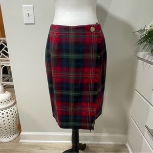 Vintage Red Green Plaid Wrap Skirt Wool Made in USA Preppy School Girl Tartan